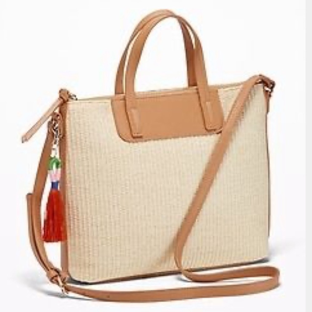 Old Navy Faux Leather and Straw Crossbody Bag